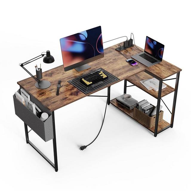 TIQLAB Small Computer Desk with Power Outlets, 40 Inch L Shaped Desk with Reversible Shelves, Gaming Desk Corner Desk Study Writing Desk for Home Office Bedroom Small Space, Rustic Brown