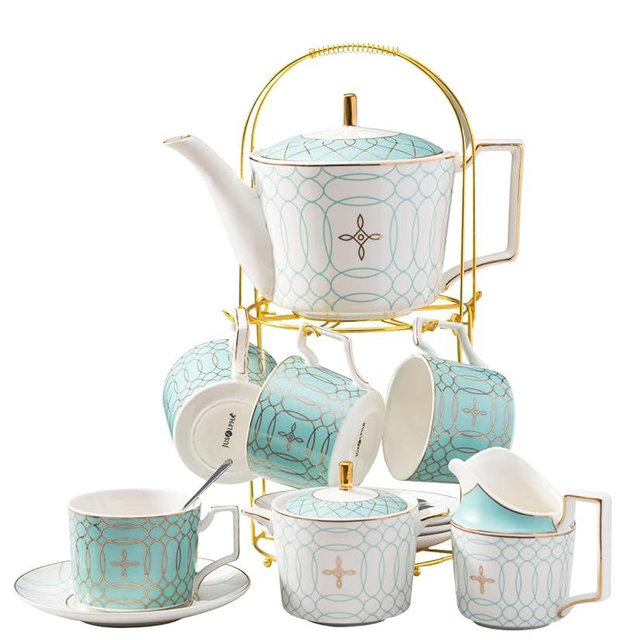 Jusalpha Fine China Blue Coffee Cup/Teacup Set, 8 OZ Cups& Saucer Service for 4, with Teapot-Sugar Bowl-Cream Pitcher Teaspoons and tea strainer for Tea/Coffee, 17-Pieces (Blue)