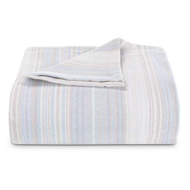 King Sandy Shore Striped Bed Blanket Aqua Accent - Tommy Bahama: Cotton Woven, Lightweight, OEKO-TEX Certified