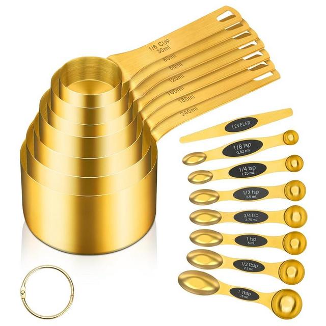 GuDoQi Gold Magnetic Measuring Spoons and Cups Set of 15, 8 Dual Sided Magnetic Measuring Spoons set with Leveler, 7 Measuring Cups, Premium Stainless Steel, Measuring for Liquid and Dry Ingredients