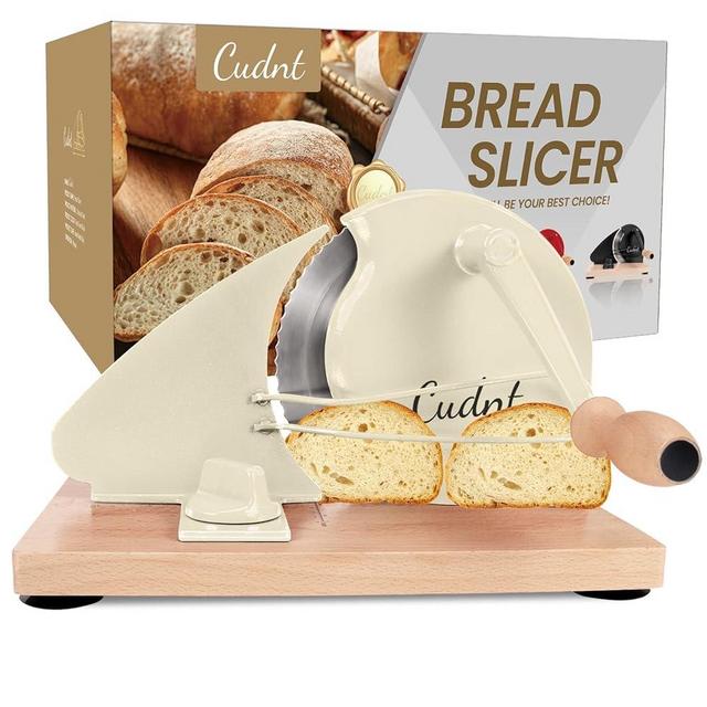 Manual Bread Slicer for Homemade Sourdough Bread, Add Metal Rails, Hand Crank Bread Slicer Machine with Scale Line and Suction Cup, Stainless Steel Blade Bread Cutter Adjustable Thickness (Cream)