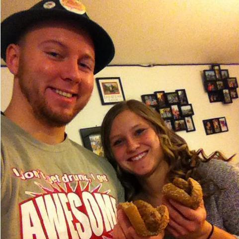 Enjoying brats for breakfast before going to the Oktoberfest parade!