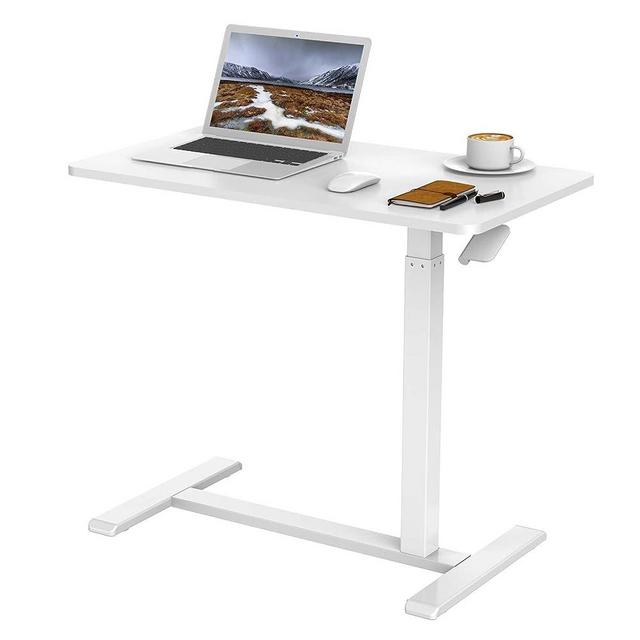 FLEXISPOT Medical Adjustable Overbed Bedside Table with Wheels Pneumatic Mobile Standing Desk Laptop Desk Rolling Computer Cart Movable Overbed Table Hospital Home Use(31.5" W x 17.7" D, White Large)