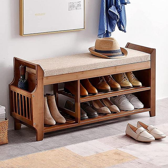 2 Tier Shoe Bench, Shoe Rack with Hidden Drawer and Side Holder, Shoe Storage Bench Organizer for Entryway Hallway Living Room, Bamboo Material