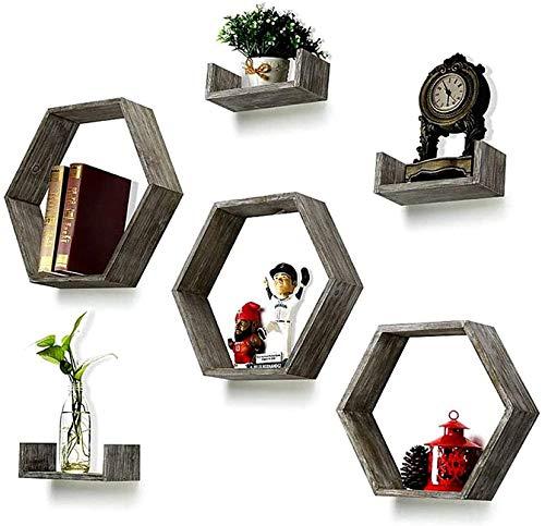 TETO Rustic Wall Mounted Hexagonal Shelves for Living Room, Bedroom, Office or for Home Supplies in Bathroom or Kitchen, Round Wall Shelf, Set of 6 - Rustic Gray Wood 3 Hexagon Shelves-Boxes