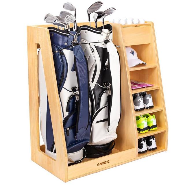 wingyz Golf Bag Storage Garage Organizer, Premium Wooden 2 Golf Bags Rack Stand holder, Golf Trunk Organizer for Garage, Club, Shed, Basement