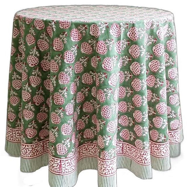 ATOSII Roma Green 100% Cotton Round Tablecloth, Handblock Print Floral Table Cloth for Kitchen Dining Linen I Parties, Weddings, Outdoors, Spring Summer Decor I 72" Inches Round