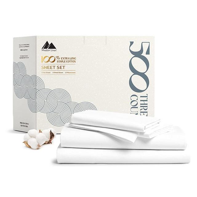500 Thread Count 100% Cotton Sheet White King Sheets Set, 4-Piece Long-Staple Combed Pure Cotton Best Sheets for Bed, Cooling, Soft & Silky Sateen Weave Fits Mattress Upto 18'' Deep Pocket