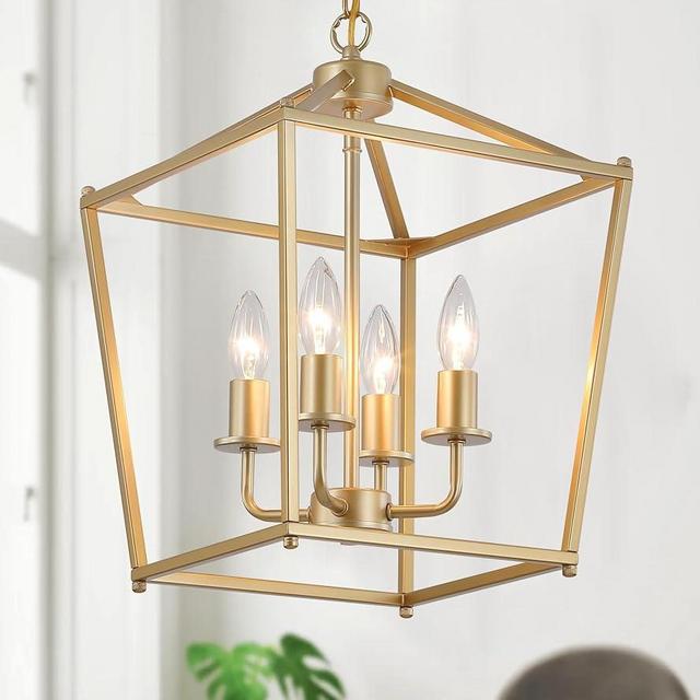 Industrial 4 Lights Chandelier, Gold Lantern Ceiling Light Fixtures with Rustic Metal Cage Adjustable Height Farmhouse Geometric Hanging Light for Kitchen Island, Dining Room, Entryway, UL Listed