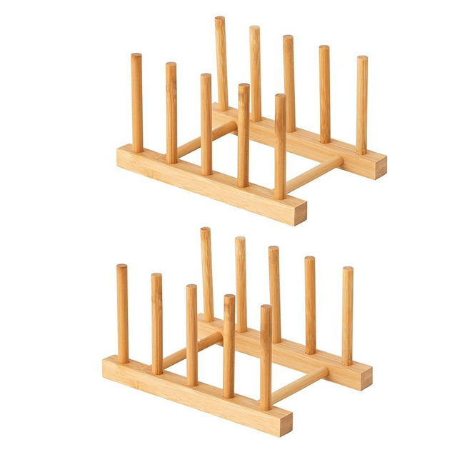 HBlife 2pcs Bamboo Dish Plate Bowl Cup Book Pot Lid Cutting Board Drying Rack Stand Drainer Storage Holder Organizer Kitchen Cabinet（Keep Dry）