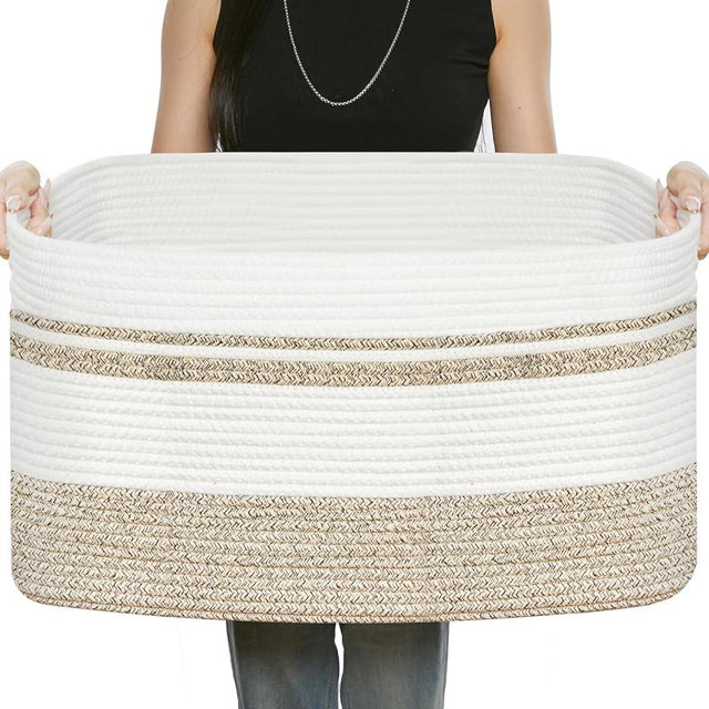 R RUNKA Large Rectangular Cotton Rope Storage Basket - 82L- Ideal for Toy Storage, Blankets, Laundry, Woven Organizer for Living Room, Bedroom - 22"x17"x12"（White & Beige）