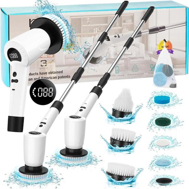 Electric Spin Scrubber, Upgrade Electric Spin Cordless Tub and Tile Scrubber with Adjustable Extension Arm, 3 Speed 7 Replaceable Cleaning Heads, Power Spin Scrubbers for Cleaning Bathroom, Floor, Car