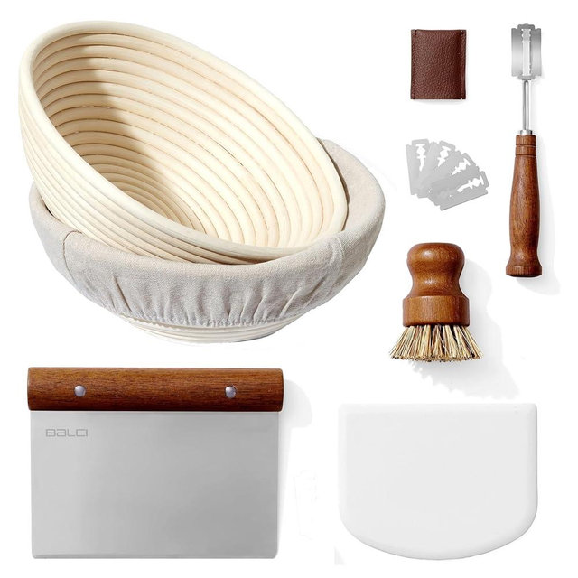 Premium Bread Proofing Set with Acacia Wood - Sourdough Bread Baking Supplies, 2 Rattan Banneton Baskets, 2 Basket Covers, Brush, Metal Scrapper, Plastic Scrapper, Scoring Lame, 5 Blades & Case