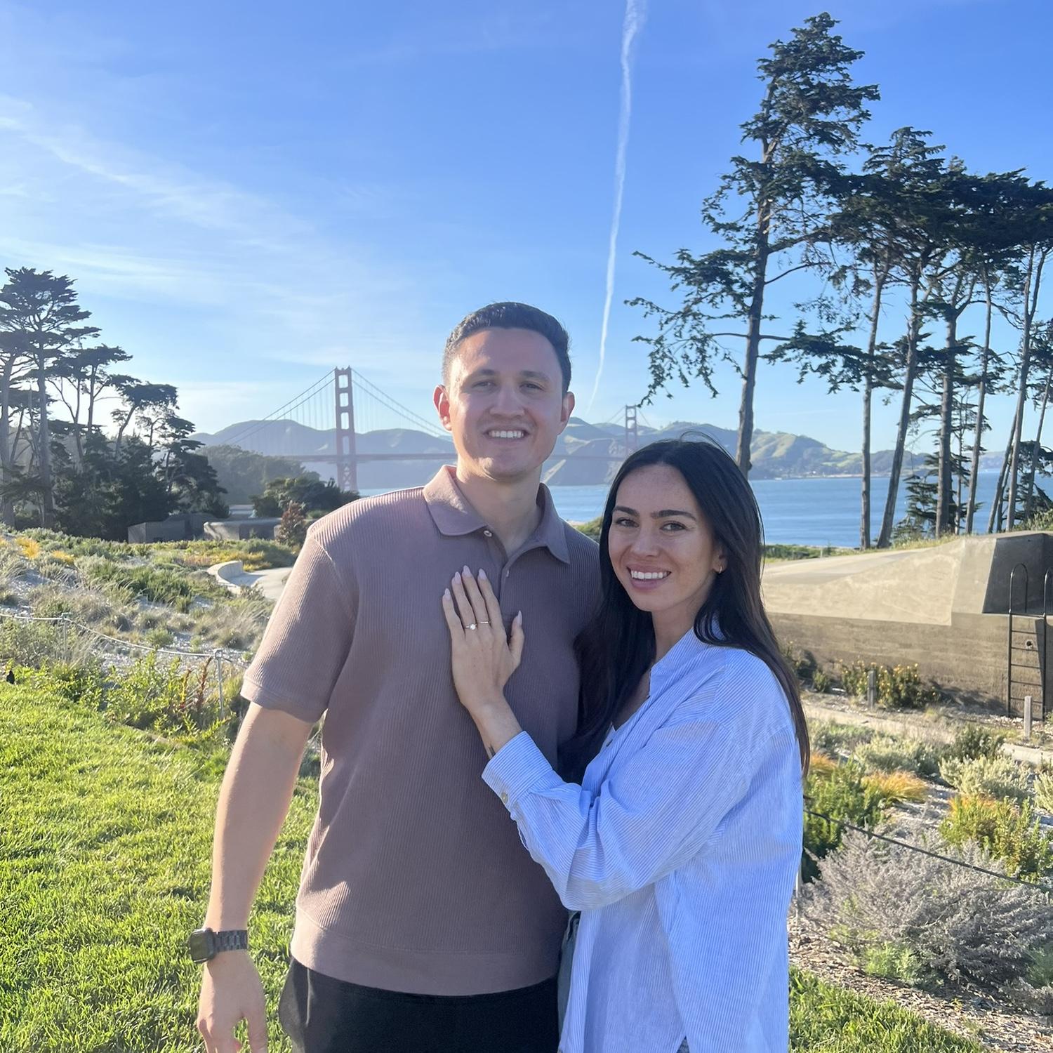 April 2024: after 7 years together, Alex proposes to Kellie at the Presidio in front of both of their families 🤍🩵
