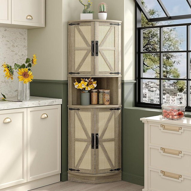 Vabches 64.8" Tall Farmhouse Rattan Corner Cabinet with 4 Doors and 5 Storage Shelves, Farmhouse Storage Cabinet with Barn Door Design, Home Space Saver for Living Room, Kitchen, Laundry Room,Natural