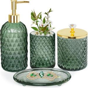 Bathroom Accessories Set, 4Pcs Sage Green Glass Bathroom Accessory Set Complete w/Lotion Soap Dispenser, Toothbrush Holder, Qtip Holder, Soap Dish, Green Bathroom Decor Sets, Gift for Home Apartment
