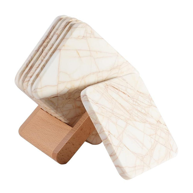 Marble Coasters Set of 6 - Modern Cup Mat Decorative Bar Coasters Set with Holder Stone Coasters for Table Protection
