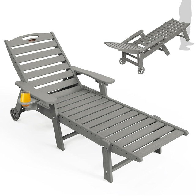Lounge Chair Outdoor, Oversized Chaise Lounge Chair with 5 Positions, HDPE, Patio Lounge Chair with Wheels & Cup Holder for Pool, Deck, Poolside, Grey