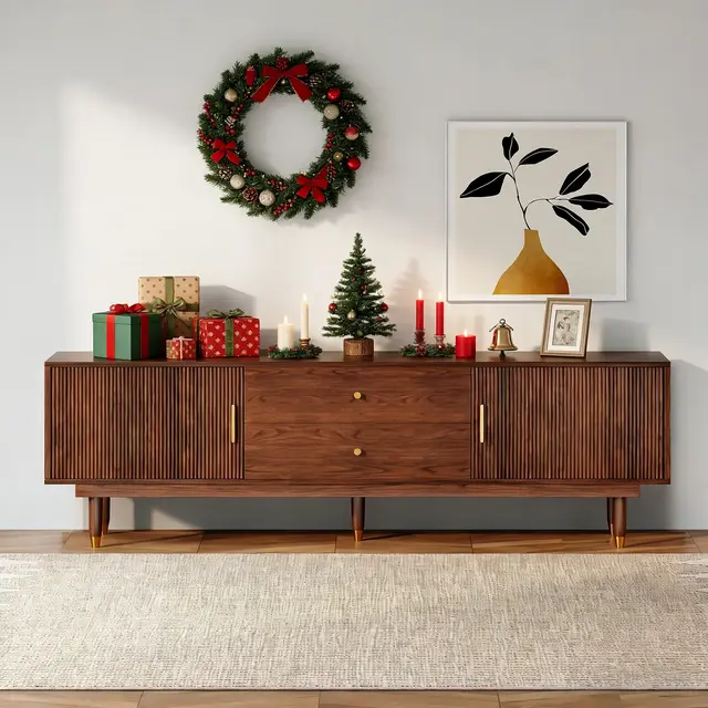 LOVSON Mid-Century Modern TV Stand, 70.9” Walnut Entertainment Center with Storage Drawers, Living Room Bedroom Media Console