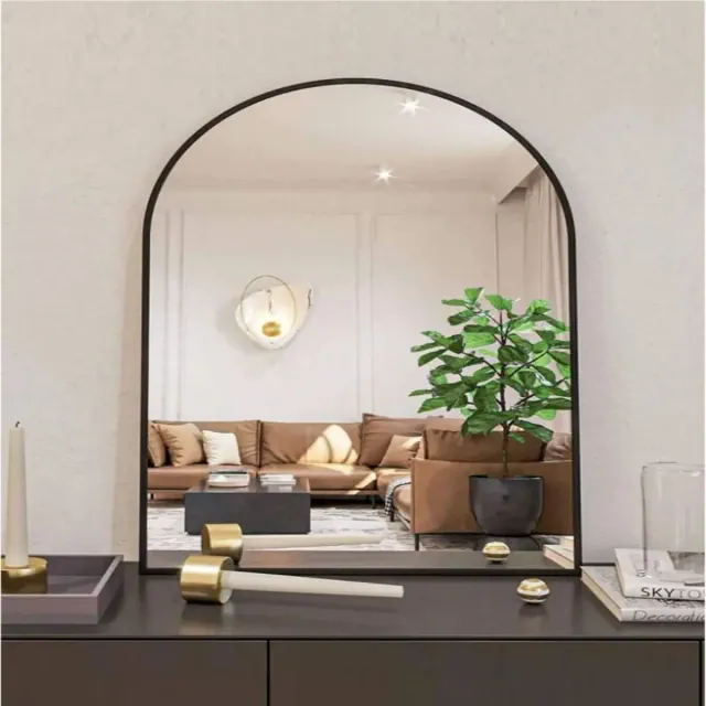 26" x 38" Arched Mantle Mirror, Black-HOMLUX: Metal Frame, Wall Mount, Modern Decor