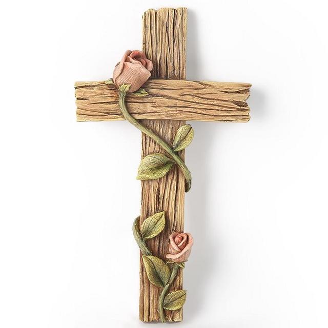 BC Home Decor Rose Cross for Wall, Wood-Look Rustic Spring Décoration for Home, Valentine Gift, Garden Gift for Women, 8.25" H, Handmade by Buildclassic