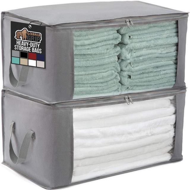 Gorilla Grip Large Capacity 2 Pack Clothes Storage Bag Organizer, 90L, Reinforced Handles, Thick Fabric for Blankets, Bedding, Clothing, Foldable Zipper Container Bags, Clear Window Closet Totes, Gray