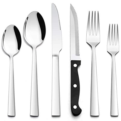 48-Piece Silverware Set, HaWare Stainless Steel Square Flatware Cutlery Set for 8, Eating Utensils Tableware Set with 8 Steak Knives, Mirror Polished, Dishwasher Safe