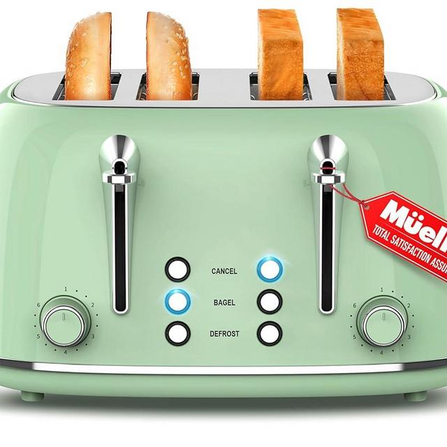 Mueller Retro Toaster 4 Slice with Extra Wide Slots Bagel, Defrost, and Cancel Function, 6 Browning Levels, Dual Independent Controls, Removable Crumb Tray and High Lift Levers, Sage Green