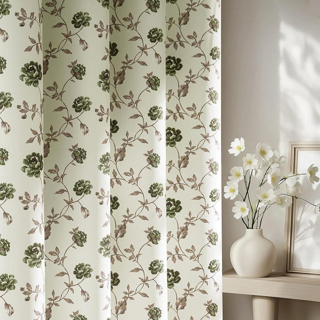 Beauoop Floral 100% Blackout Curtains 84 Inches Long 2 Panels for Bedroom Living Room Green Brown on Beige Vintage Rose Flower Patterned Room Darkening Thermal Soundproof Grommet Window Drapes, 52X84