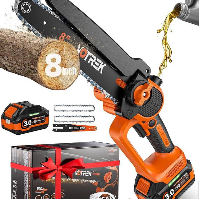 VOTREK® 8-Inch Mini Chainsaw Cordless, 3.0Ah Battery Powered Electric Chain Saw with 2 Chains, Brushless Motor, Auto Oiler, Tool-Free Tensioner for Tree Trimming and Yard Cleanup