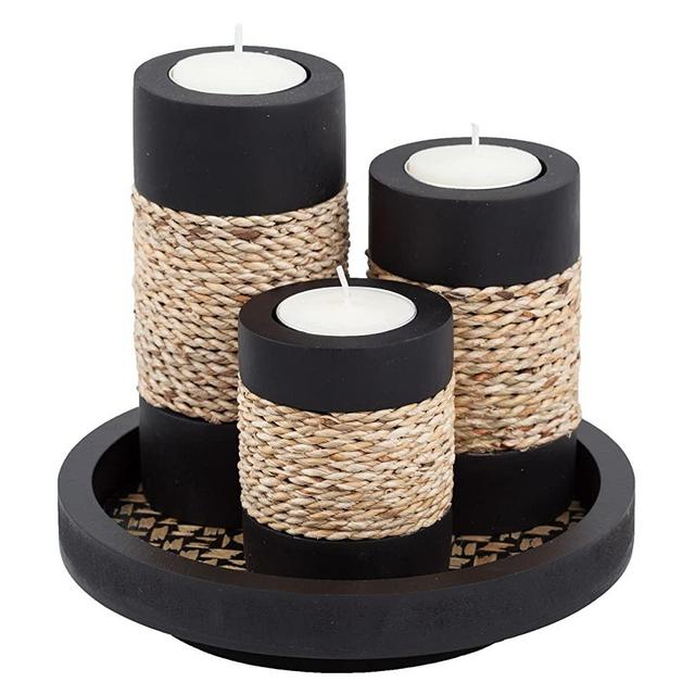 IYARA CRAFT Tealight Candle Holders with Candle Tray Set of 3 Decorative Candle Holders Matte Wood Finish with Small Rope Decoration