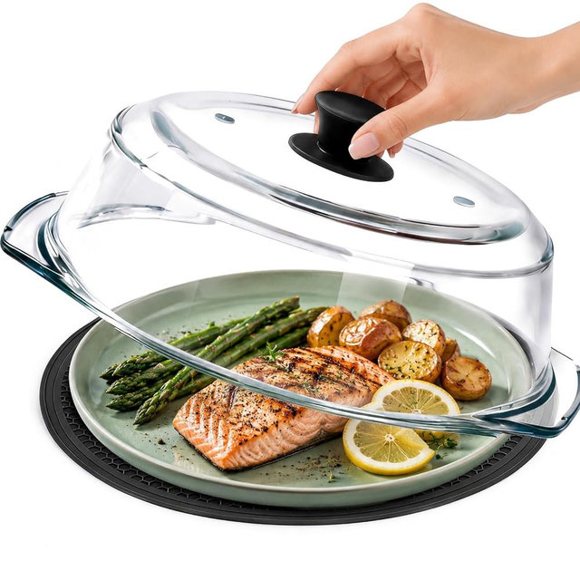 WANEBEIBAY Glass Microwave Splatter Cover with Silicone Mat - Borosilicate Glass Food Guard Lid with Anti-Scald Handle and Dual Steam Vents - BPA-Free,Dishwasher Safe
