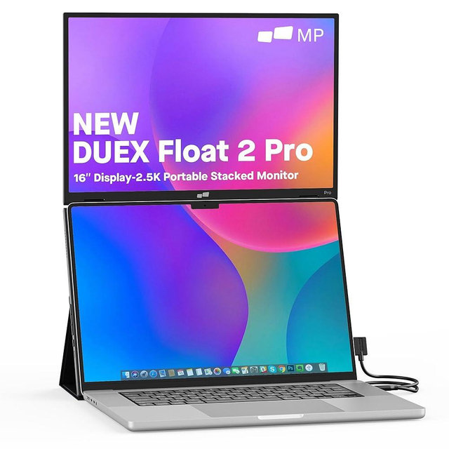 New Mobile Pixels Duex Float 2 Pro 2.5 K Portable Monitor, 16" Laptop Screen Extender (Built-in Kickstand), USB C/HDMI Stacked Monitor Extender with Dual Speakers, Windows, MacOS, Switch, Android