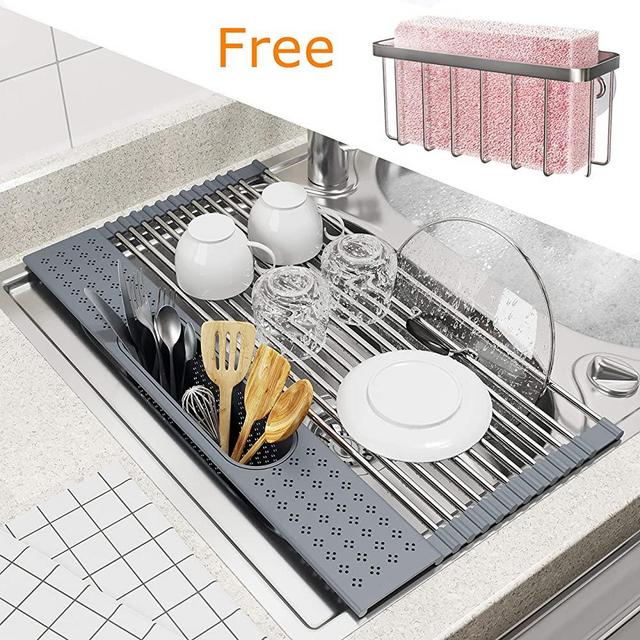 BAMEOS Roll Up Dish Drying Rack Over The Sink, 20”L x 11”W x 4.72”H Foldable Stainless Steel Dish Drying Rack with Utensil Holder & Sponge Holder for Kitchen Sink (Gray)