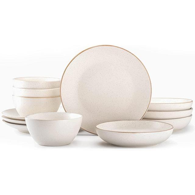 Riverside Collection by Maison Neuve 12-Piece Dinnerware Set Service for 4 - Hand Crafted Bowls and Plates Set , Stoneware Dinnerware Set, Microwave & Dishwasher Safe Plate Set - Oxford White