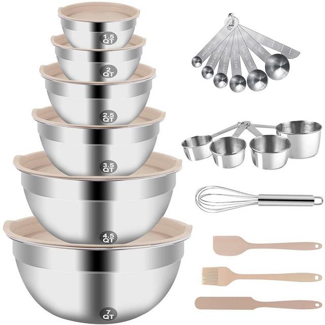 WEPSEN Mixing Bowls Set, 27PCS Khaki Mixing Bowls With Lids Set Stainless Steel Kitchen Large Nesting Metal Bowl 7QT to 1.5QT, Measuring Cups and Spoons for Prepping Cooking Serving