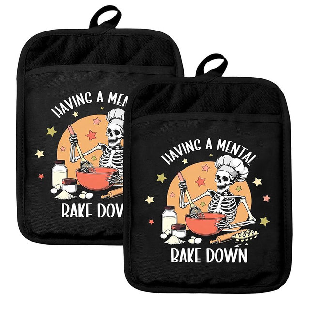 HUGANE Funny Gothic Skeleton Oven Mitts Set, Funny Baking Gifts for Women, Having a Mental Bake Down Goth Heat Resistant Kitchen Oven Gloves for Baking and Cooking,Pot Holders