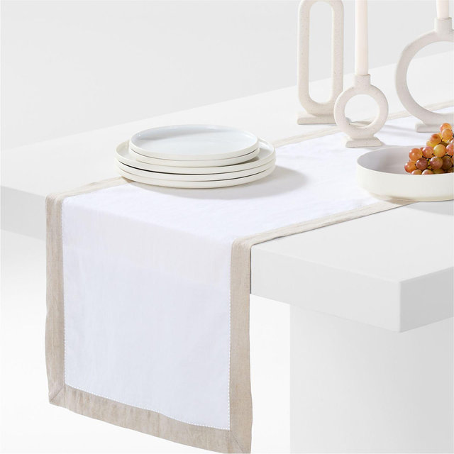 Marin 90" Natural and Cream EUROPEAN FLAX ™-Certified Linen Runner with Hemstitch