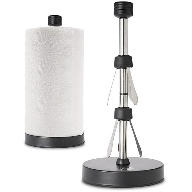 Stainless Steel Black Paper Towel Holder Designed for Easy One-Handed Operation - This Sturdy Weighted Paper Towel Dispenser Countertop Model Has Suction Cups and Holds Paper Towel Rolls