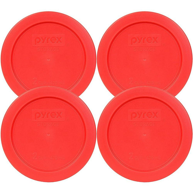 Pyrex 7200-PC Red 2 Cup Round Plastic Food Storage Lid, Made in USA - 4 Pack