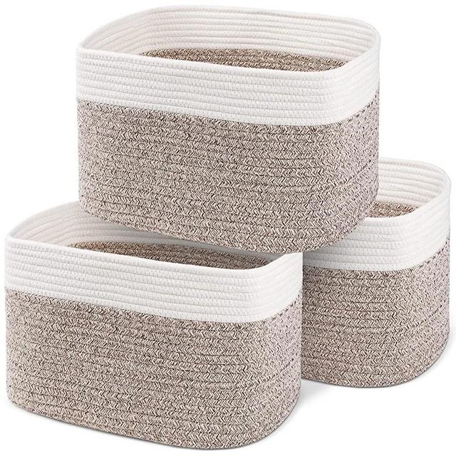 100% Cotton Rope Basket Set of 3 – 15x10x9" Coiled Rope Basket with Handles – Keeps Shape – Brown & White Woven Basket Rope Bin – Soft Rope Storage Baskets for Organizing Baby Nursery, Toy & Shelves