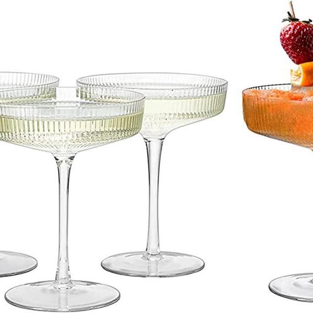Vintage Art Deco Coupe Ripple Glasses with Stems - Set of 4 - 7oz Pearl Shimmering Crystal Cocktail Glassware Perfect for Champagne, Cosmopolitan, Martini, Speakeasy Style Saucer Goblets (Original)