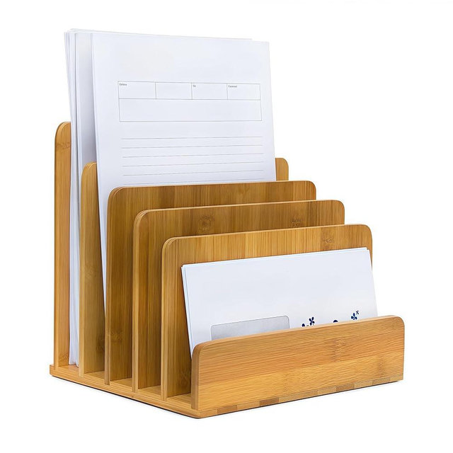 Klabelle Bamboo Mail Organizer - File Holder Sorter for Letter and Folder Document Storage, Envelope Organization with 5 Slots for Office Desk, Countertop, Home Bill