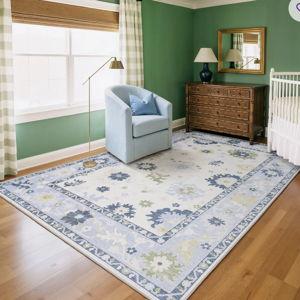 Kugler Floral Traditional White/Blue Printed Washable Flat Pile Area Rug - Rectangle 9'10" x 12'