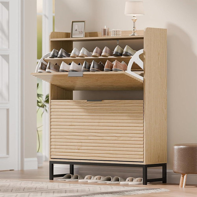 MU Shoe Storage Cabinet with 4 Flip Drawers, Freestanding Shoe Cabinet, Shoe Organizer with Metal Legs for Entryway, Slim Shoe Cabinet, Natural