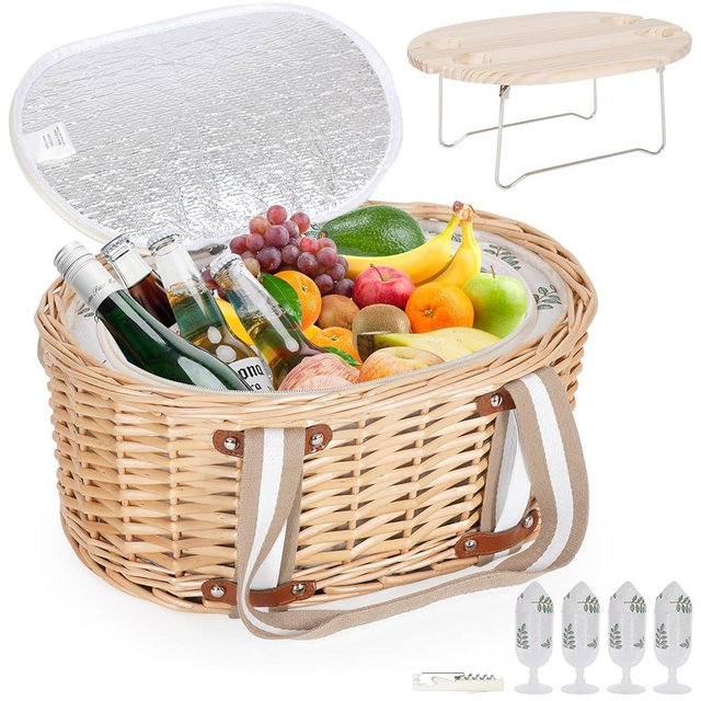 Zettfuly Picnic Basket Set for 4 - Wicker Insulated Picnic Basket with Folding Wine Table, Wine Picnic Kit with Liner for Couples, Camping, Outdoor, Valentine (Leaf)