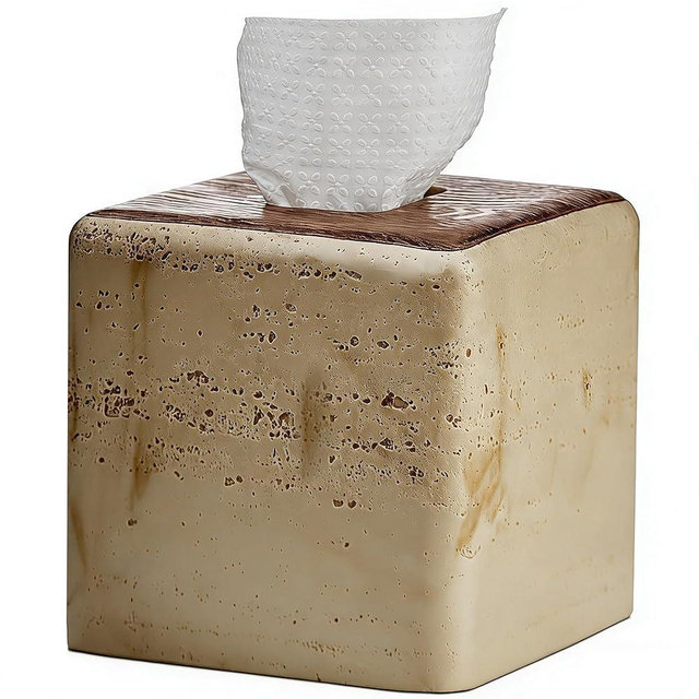 Natural Travertine & Wood Textures Tissue Box Cover Square for Home Decor,Resin Heavy Tissue Box Holder for Bathroom Countertop,Tabletop,Bedside Table,Office (Handmade of Resin)