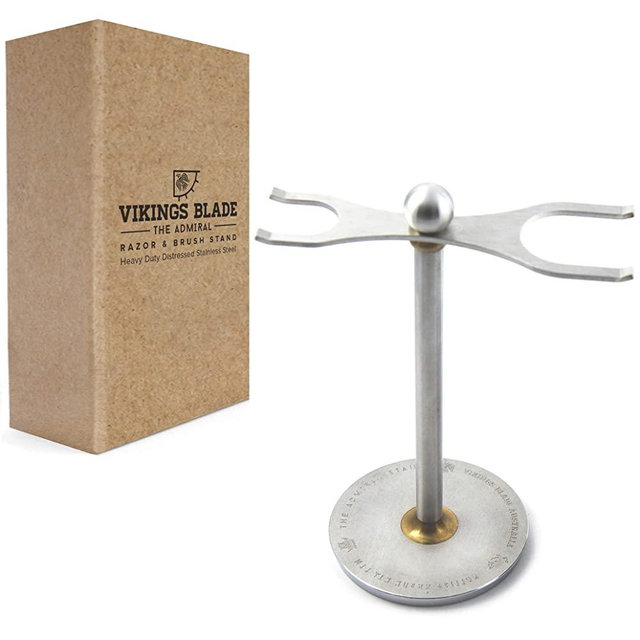 VIKINGS BLADE 'The Admiral' Safety Razor and Brush Stand, Extra Wide Openings (Heavy Duty Distressed Steel)