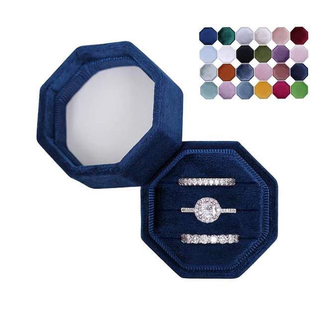 BLUTETE Velvet 3 Slots Jewelry Ring Box Engagement Wedding Box Keepsake Box Bridal Photo Ring Triple Slots Octagon (Navy Blue)
