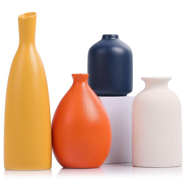 Colorful Ceramic Bud Vases Set of 4 - Modern Yellow, Orange, Blue Small Vases for Home Decor - Ideal for Living Room, Kitchen, Office, Bathroom, Mantle, Entrance, Farmhouse & Coffee Table Decorations